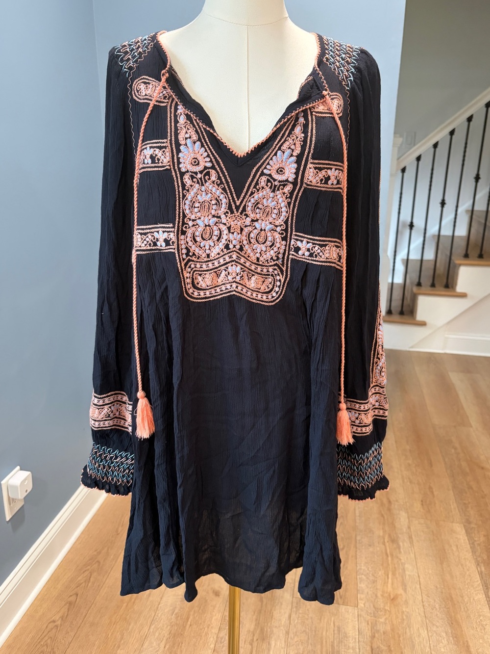Free People Black Embroidered Boho Tunic Dress Small